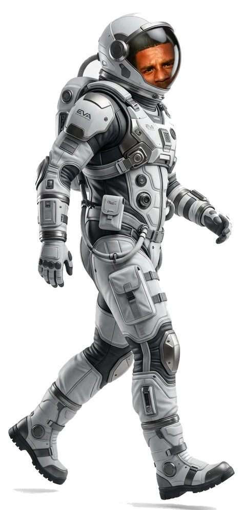 Soso in an EVA suit, face visible through the visor