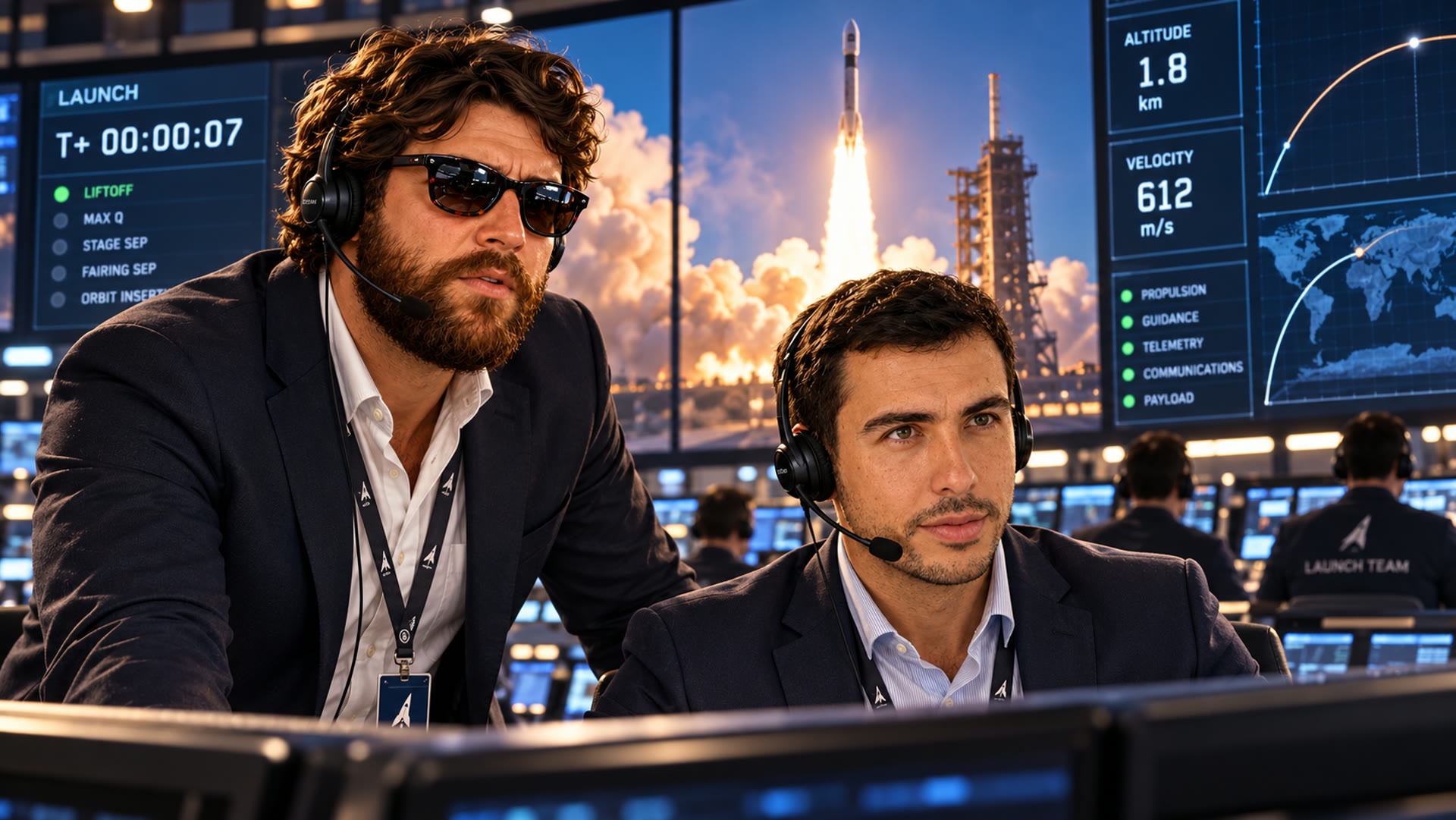 Two flight directors wearing headsets watch a rocket lift off on the control room's panoramic screen.