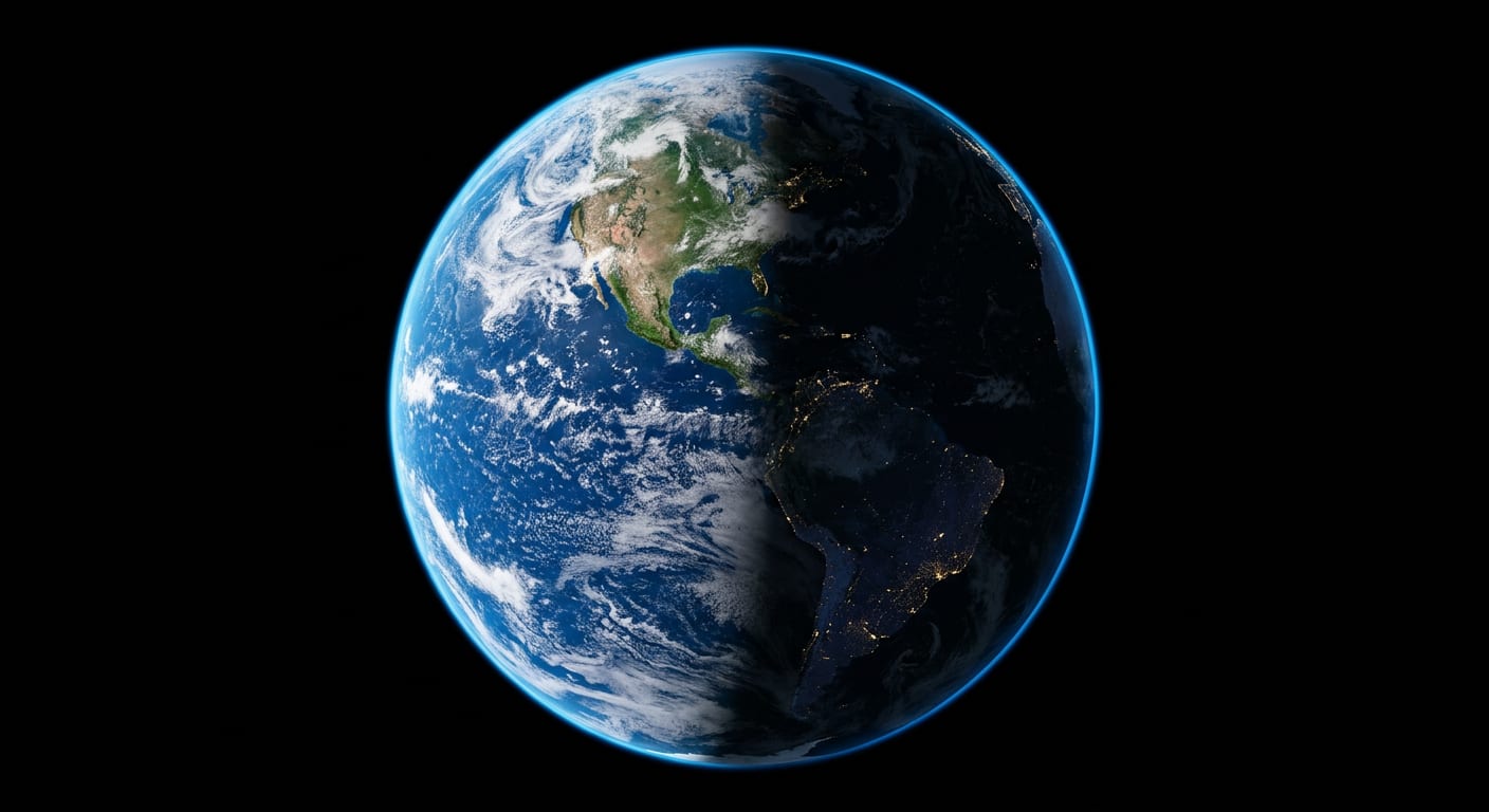 Earth from orbit, half in daylight over the Americas and half in night, city lights visible on the dark side.
