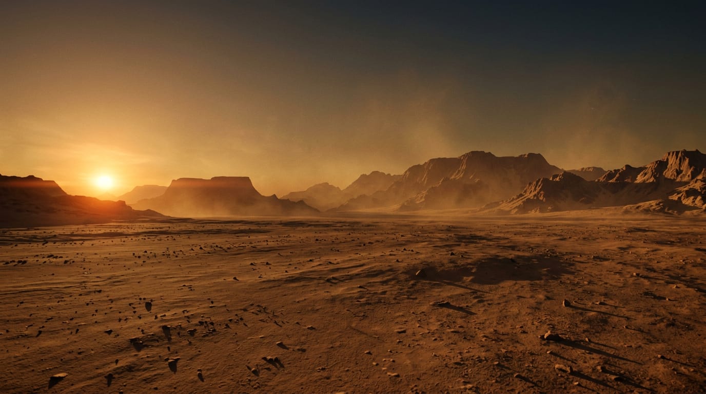 Martian plain at low sun, mesas on the horizon, fine dust in the air.