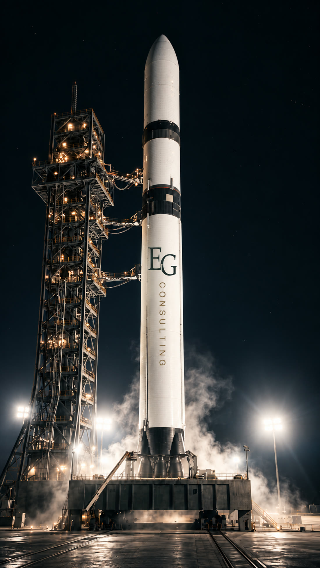 The EG CONSULTING #1 heavy launch vehicle standing on the pad at night, lit by floodlights.